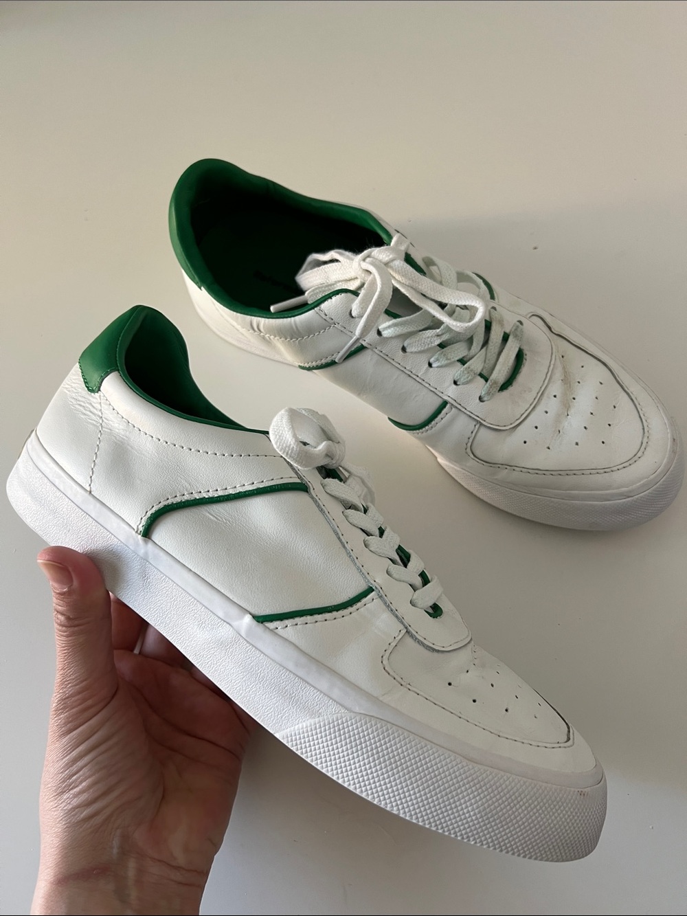 Reformation HARLOW White Leather Sneakers with Green Trim 9